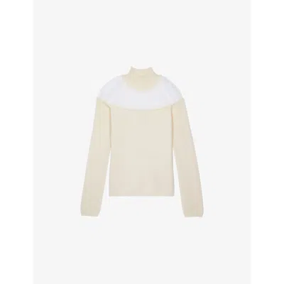 The Kooples Womens High-neck Tulle-trim Cotton-blend Jumper Ecru