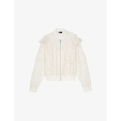 The Kooples Womens Lace-embroidered Frill-trim Zip-up Woven Jacket Ecru