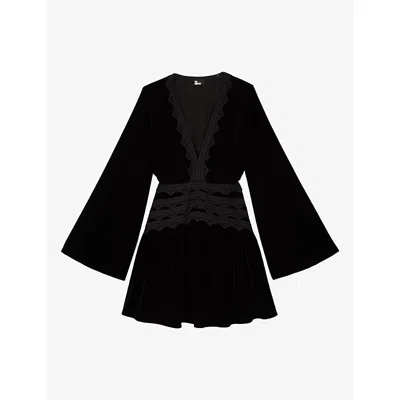 The Kooples Womens Black Lace-embroidered Long-sleeve Velvet Mini Dress