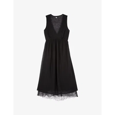 The Kooples Womens Lace-trim Sleeveless Satin Midi Dress Black