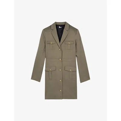 The Kooples Womens Kaki Lapel-collar Button-embellished Linen And Cotton-blend Mini Dress