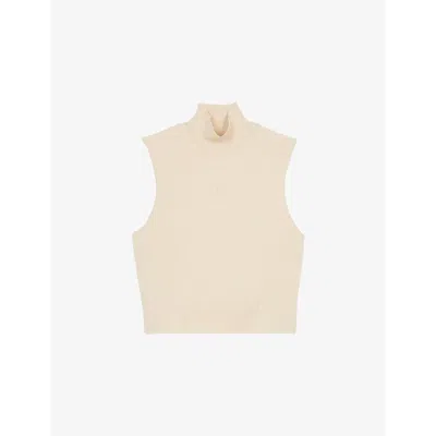The Kooples Womens Logo-embroidered High-neck Sleeveless Knitted Top Beige Taupe