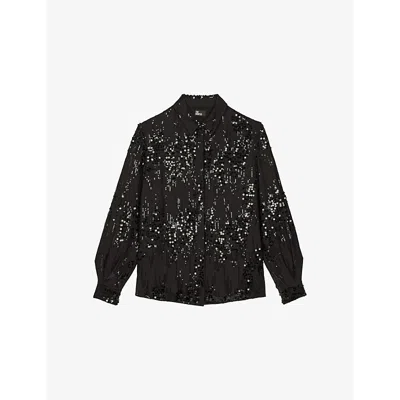 The Kooples Womens Long-sleeve Sequin-embellished Shirt Black