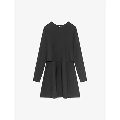 The Kooples Womens Black Long-sleeved Flared-skirt Mesh Mini Dress Xs In Gray