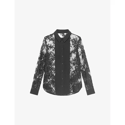 The Kooples Womens Black Long-sleeved Floral Lace Shirt