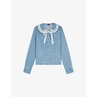 The Kooples Womens Baby Blue Long-sleeved Tie-embellished Denim Shirt Xs