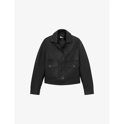 The Kooples Womens Black Notched-collar Flap-pocket Leather Jacket