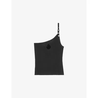 The Kooples Womens Black One-shoulder Buckle-embellished Stretch-cotton Top Xs