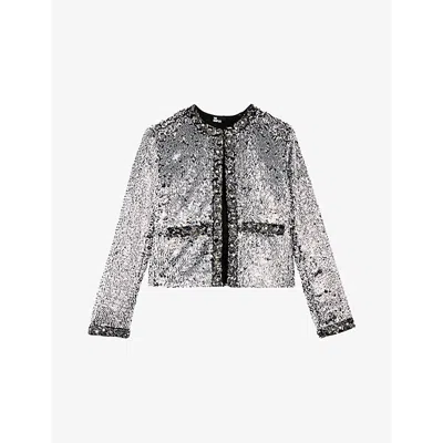 The Kooples Womens Padded-shoulder Sequin And Pearl-embellished Jacket Silver