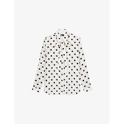 The Kooples Womens  Polka-dot Bow-tie Woven Silk Shirt In White / Black