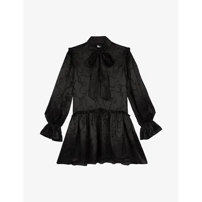 The Kooples Womens Black Ribbon-print Long-sleeve Satin Mini Dress