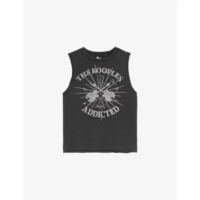 The Kooples Womens Black Washed Round-neck Graphic-print Sleeveless Cotton T-shirt