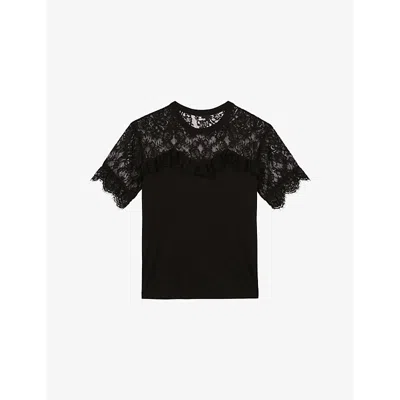 The Kooples Womens Black Round-neck Lace-panel Cotton T-shirt