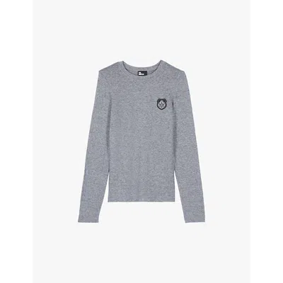 The Kooples Womens Grey Melange Round-neck Motif-embellished Knitted Top