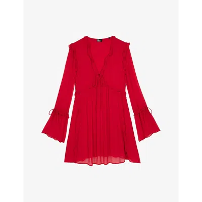The Kooples Womens  Ruffle Long-sleeve Woven Mini Dress In Red / Burgundy