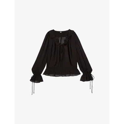 The Kooples Womens Black Stone Ruffle-trim Long-sleeve Woven Top