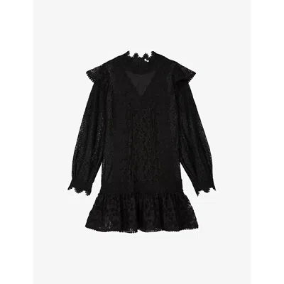 The Kooples Womens Black Sheer Long-sleeve Lace Mini Dress