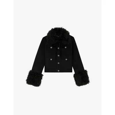 The Kooples Womens Black Sherpa-collar Patch-pocket Wool-blend Jacket