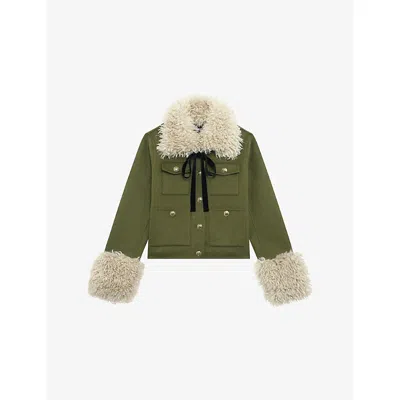 The Kooples Womens Kaki Sherpa-collar Patch-pocket Wool-blend Jacket Xs In Green