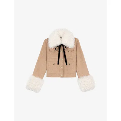 The Kooples Womens Beige Linen Sherpa-collar Patch-pocket Wool-blend Jacket Xs In Multi
