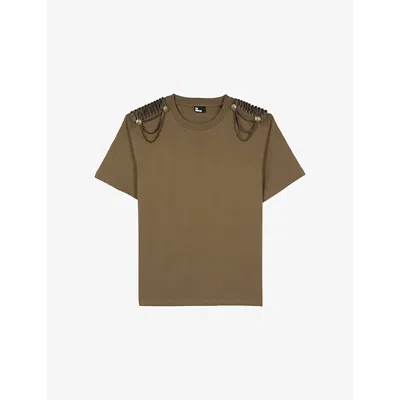 The Kooples Womens Kaki Shoulder-embellished Short-sleeve Cotton T-shirt