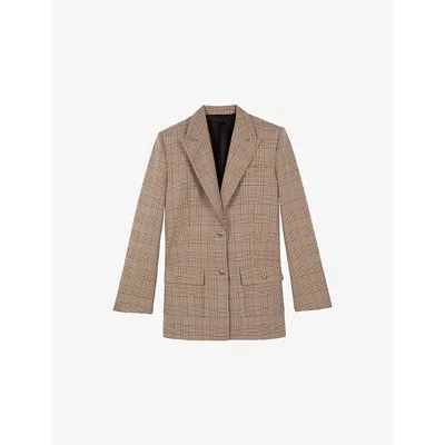 The Kooples Womens Beige-brown Single-breasted Check Cotton-wool Blend Blazer