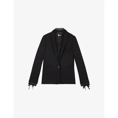 The Kooples Womens  Single-breasted Lace-trim Woven Blazer In Black