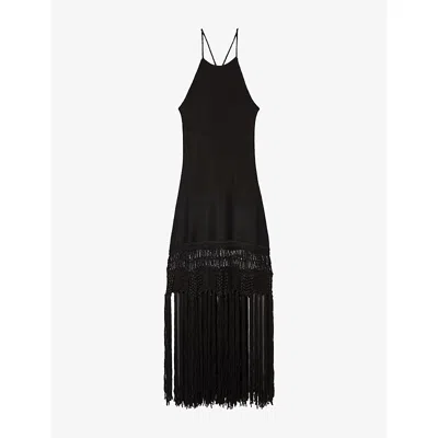 The Kooples Womens Black Sleeveless Fringed-hem Stretch-woven Maxi Dress