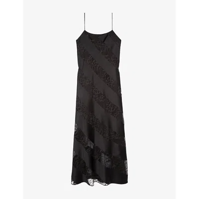The Kooples Womens Sleeveless Lace-trim Silk Maxi Dress Black