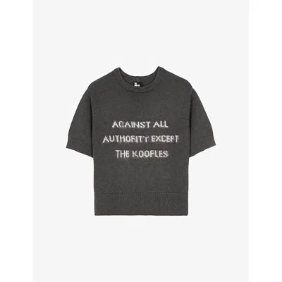 The Kooples Womens Middle Grey Mel/white Slogan-print Short-sleeve Knitted Jumper In Multi