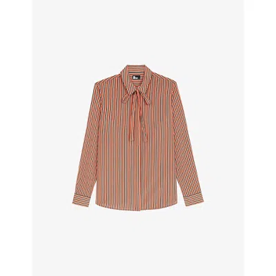The Kooples Womens Dark Navy / Fire Red Striped Tie-neck Stretch-woven Shirt In Multi