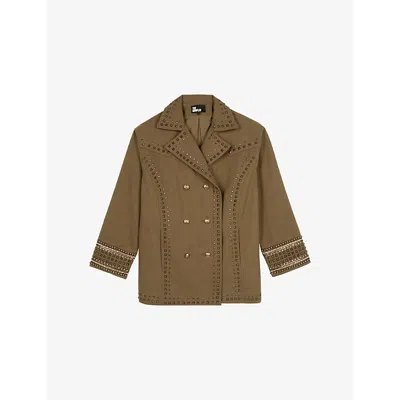 The Kooples Womens Kaki Stud-embellished Relaxed-fit Cotton Jacket