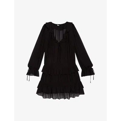 The Kooples Womens Black Stone Tiered-hem Long-sleeve Mesh Mini Dress