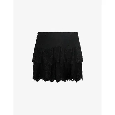 The Kooples Womens Black Tiered Scalloped-trim Lace Mini Skirt