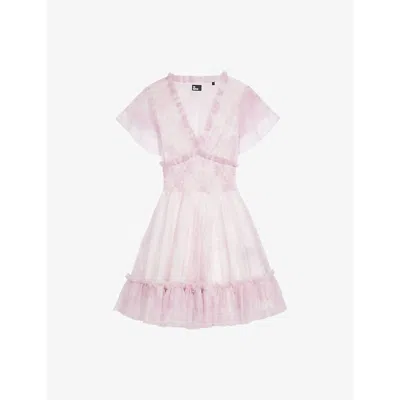 The Kooples Womens White - Pink V-neck Ruffle-trim Tulle Mini Dress