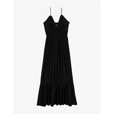 The Kooples Womens  V-neck Smocked-waist Satin Maxi Dress