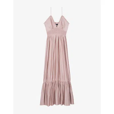 The Kooples Womens  V-neck Smocked-waist Satin Maxi Dress In Purple