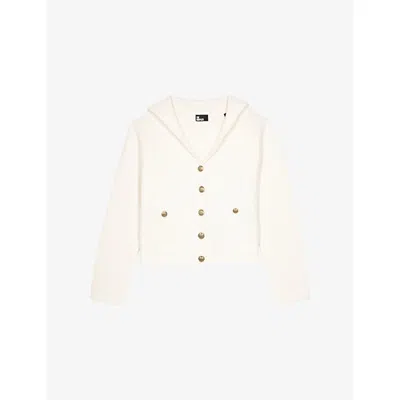 The Kooples Womens Ecru Wide-collar Pocket-front Cotton And Wool-blend Knitted Cardigan Xs