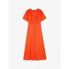 The Kooples Womens Orange Red V-neck Button-down Leopard-jacquard Woven Midi Dress