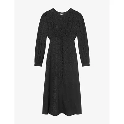 The Kooples Womens Black V-neck Leopard-print Woven Midi Dress
