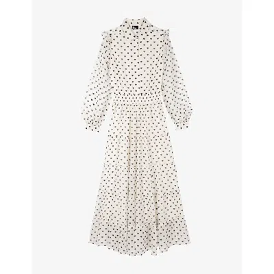 The Kooples Womens White / Black Heart-print Tiered-hem Woven Maxi Dress In Neutral