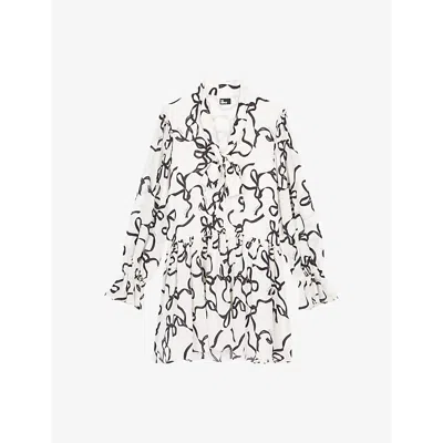 The Kooples Womens  Ribbon-print Ruffle-trim Silk Mini Dress In White / Black
