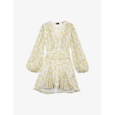 The Kooples Womens White - Red V-neck Floral-print Woven Mini Dress In Burgundy