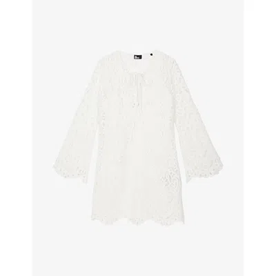 The Kooples Womens White Tie-neck Long-sleeve Lace Mini Dress In Animal Print