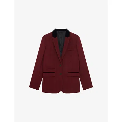The Kooples Womens Velvet-collar Regular-fit Wool Blazer Wine Red In Burgundy