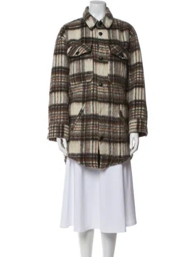 Pre-owned The Kooples Wool Plaid Print Coat In Brown