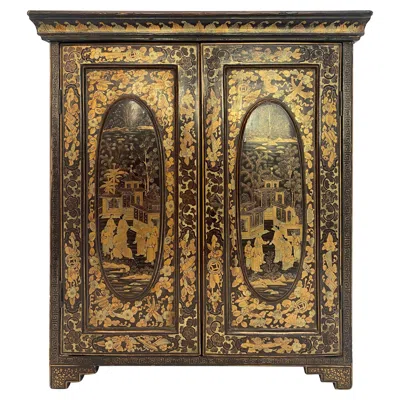Pre-owned The Lacquer Company 19th Century Antique Hand Painted Chinese Lacquer Table Jewelry Cabinet In Brown