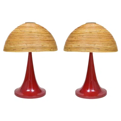 Pre-owned The Lacquer Company Large Bamboo Pair Of Table Lamps With Red Lacquer Bases