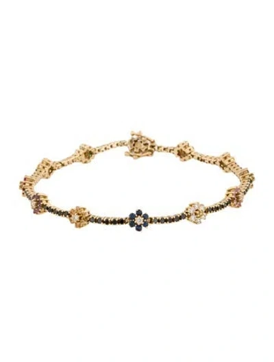 Pre-owned The Last Line 14k Multistone & Diamond Flower Station Bracelet, 6.5" In Multicolor