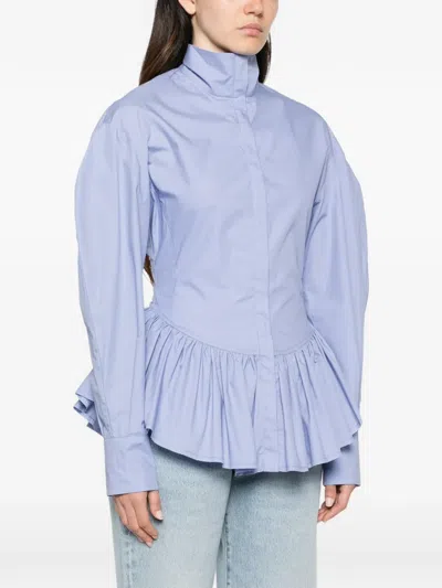 The Latest Elaine Peplum-hem Puff-sleeve Shirt In Blue